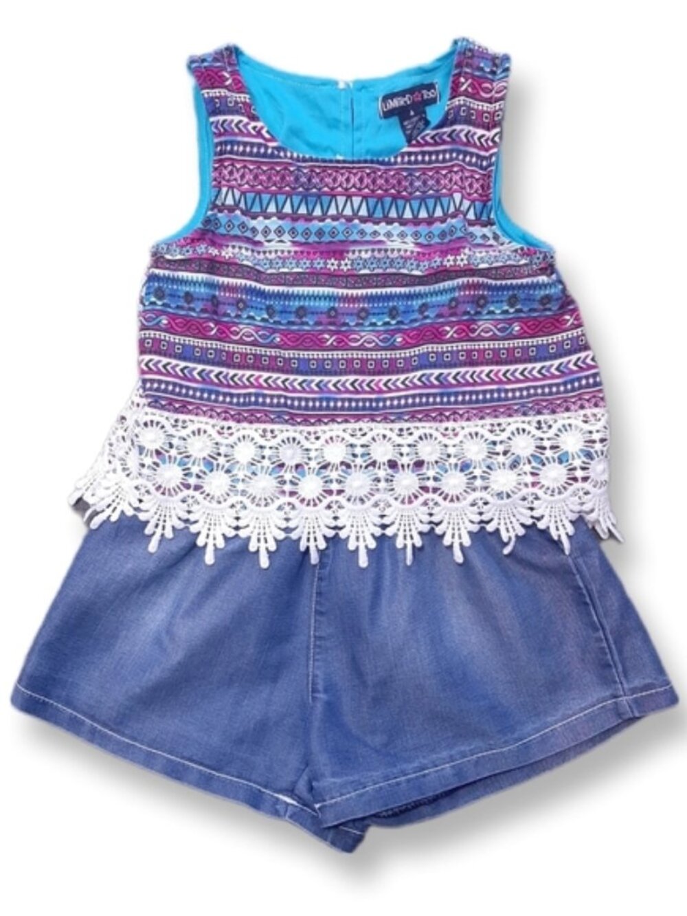 LIMITED TOO Boho Crochet Denim Romper Sleeveless Split Back Summer